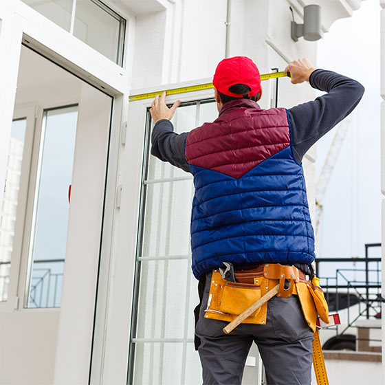 Contractor installing a door on a house